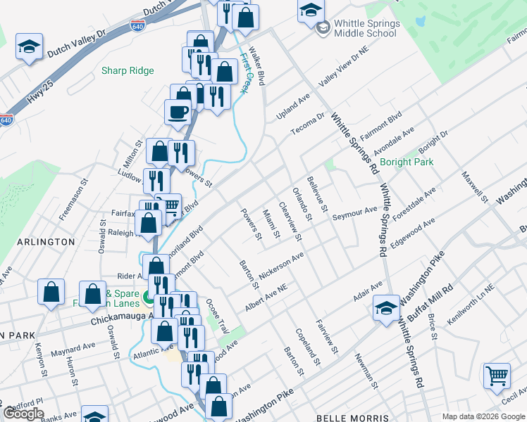 map of restaurants, bars, coffee shops, grocery stores, and more near 3338 Powers Street in Knoxville