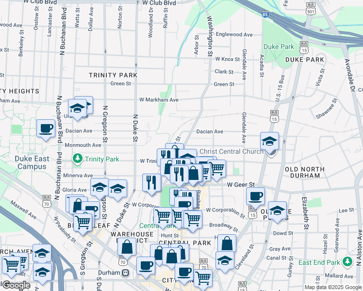map of restaurants, bars, coffee shops, grocery stores, and more near 915 Washington Street in Durham