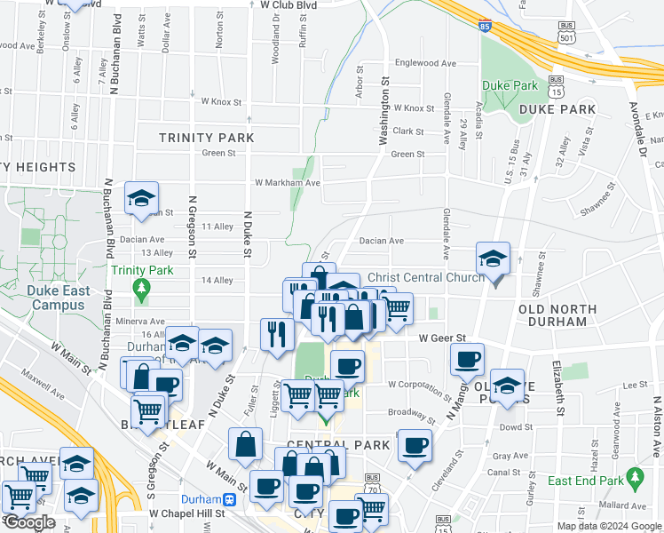 map of restaurants, bars, coffee shops, grocery stores, and more near 915 Washington Street in Durham