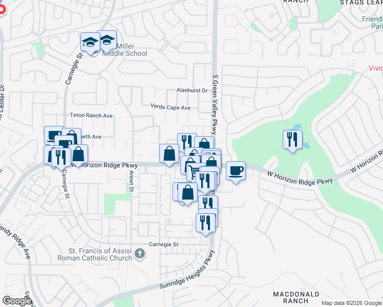 map of restaurants, bars, coffee shops, grocery stores, and more near 2214 West Horizon Ridge Parkway in Henderson