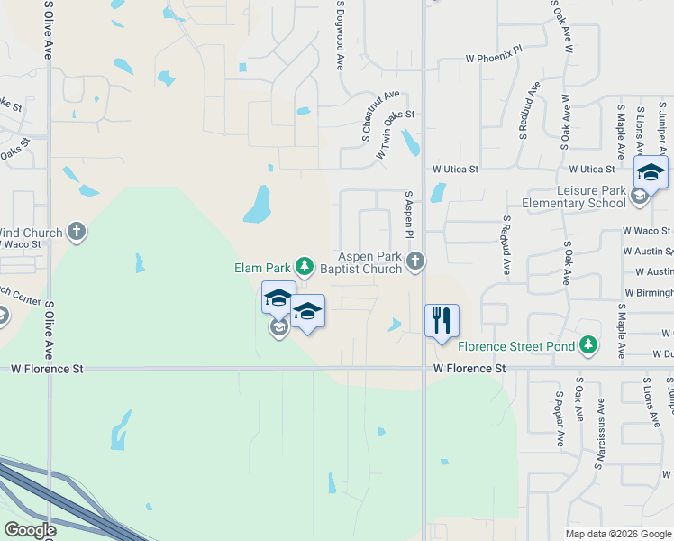 map of restaurants, bars, coffee shops, grocery stores, and more near 2413 West Austin Street in Broken Arrow