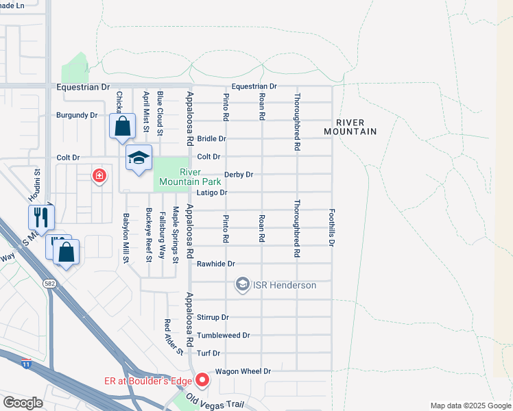 map of restaurants, bars, coffee shops, grocery stores, and more near 1590 Mustang Drive in Henderson
