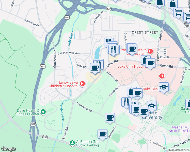 map of restaurants, bars, coffee shops, grocery stores, and more near 2816 Erwin Road in Durham