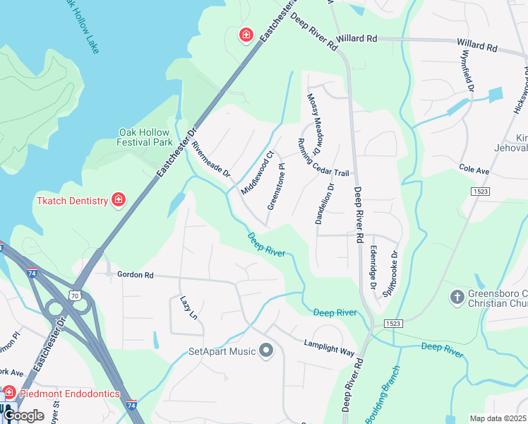 map of restaurants, bars, coffee shops, grocery stores, and more near 2117 Rivermeade Drive in High Point
