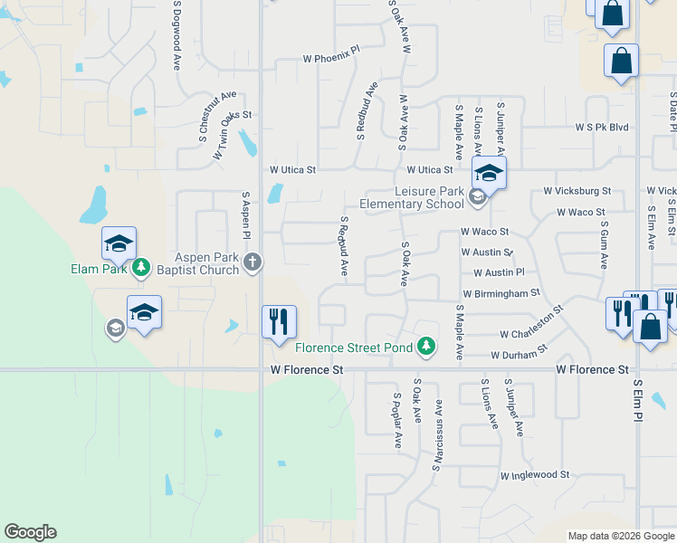 map of restaurants, bars, coffee shops, grocery stores, and more near 4412 South Redbud Avenue in Broken Arrow