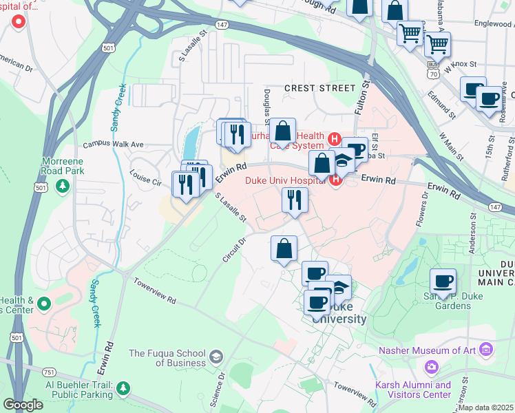 map of restaurants, bars, coffee shops, grocery stores, and more near Genome Court in Durham
