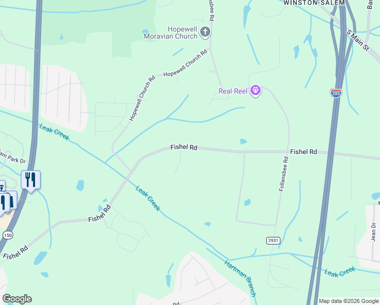 map of restaurants, bars, coffee shops, grocery stores, and more near 350 Fishel Road in Winston-Salem