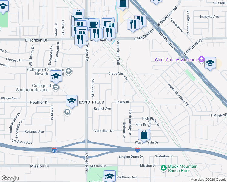 map of restaurants, bars, coffee shops, grocery stores, and more near 727 Strawberry Place in Henderson