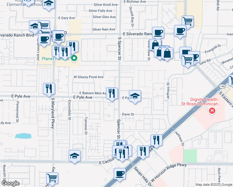 map of restaurants, bars, coffee shops, grocery stores, and more near 10074 South Hawthorne Grove Street in Las Vegas