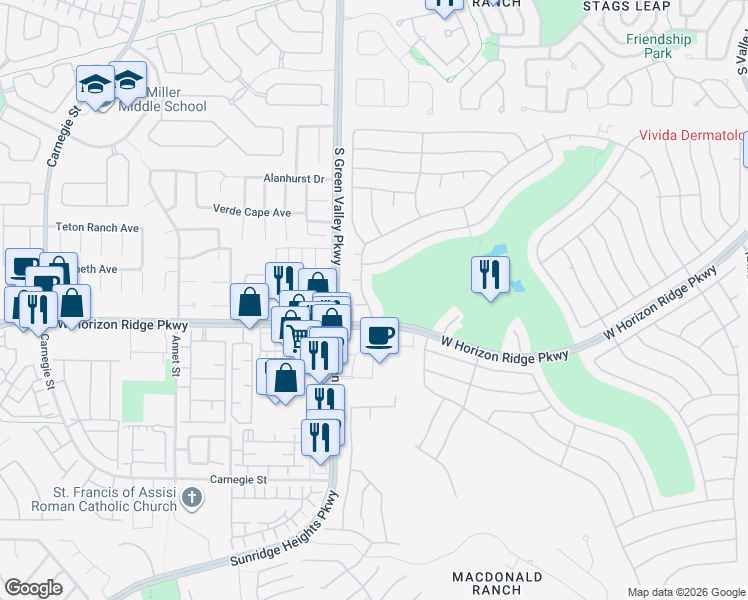 map of restaurants, bars, coffee shops, grocery stores, and more near 2217 High Mesa Drive in Henderson