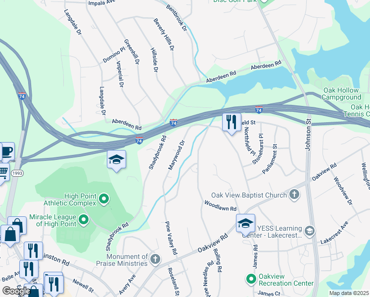 map of restaurants, bars, coffee shops, grocery stores, and more near 120 Marywood Drive in High Point