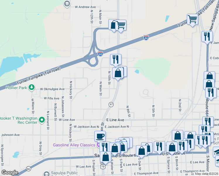 map of restaurants, bars, coffee shops, grocery stores, and more near 601 North 10th Street in Sapulpa