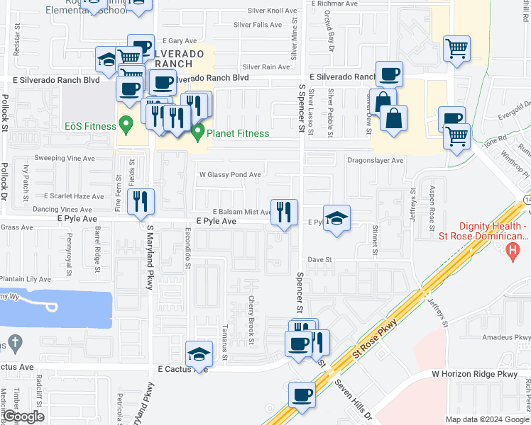 map of restaurants, bars, coffee shops, grocery stores, and more near 1677 East Balsam Mist Avenue in Las Vegas