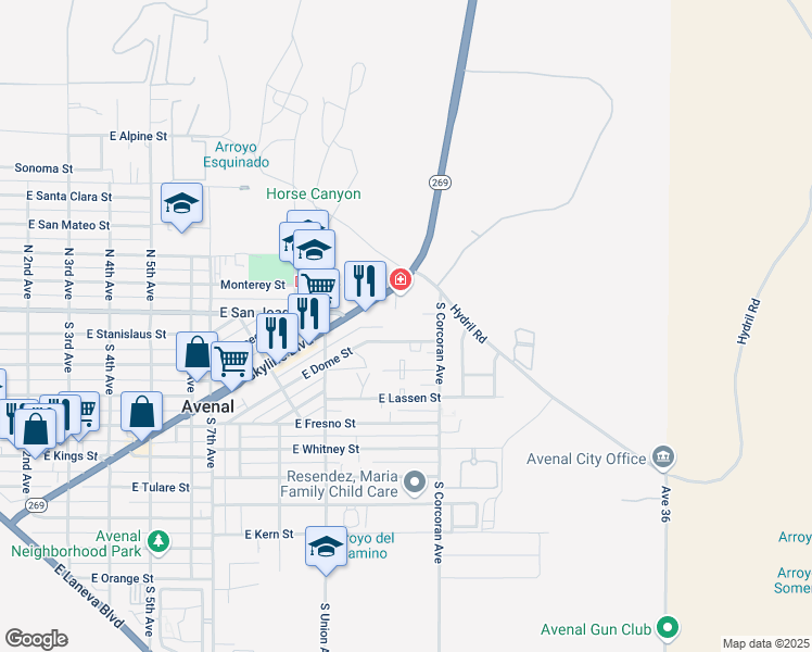 map of restaurants, bars, coffee shops, grocery stores, and more near 1012 East Dome Street in Avenal