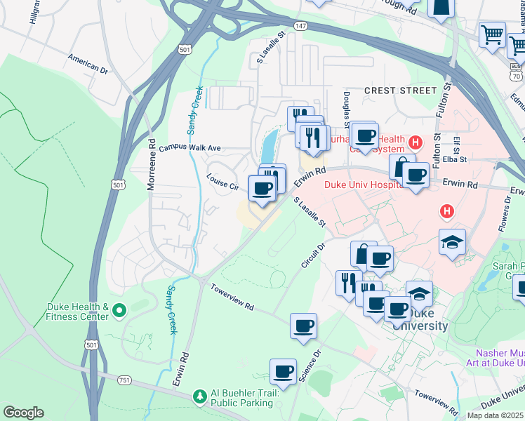 map of restaurants, bars, coffee shops, grocery stores, and more near 2816 Lambeth Circle in Durham