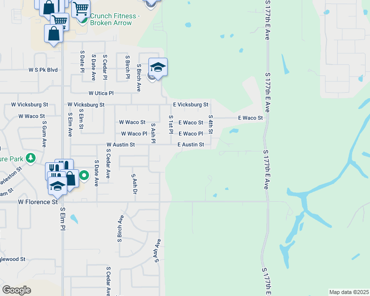 map of restaurants, bars, coffee shops, grocery stores, and more near 4404 South 2nd Street in Broken Arrow