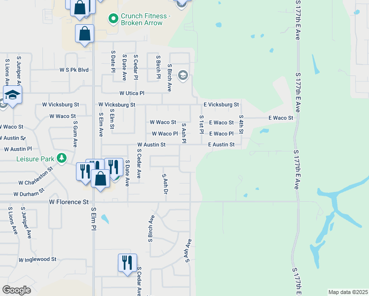 map of restaurants, bars, coffee shops, grocery stores, and more near 213 West Birmingham Street in Broken Arrow