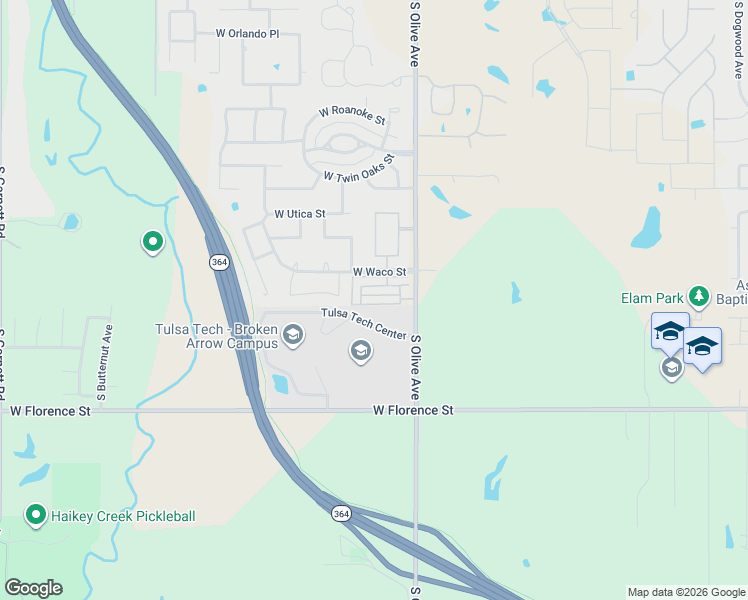 map of restaurants, bars, coffee shops, grocery stores, and more near 3736 West Charleston Street in Broken Arrow
