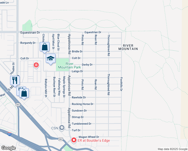 map of restaurants, bars, coffee shops, grocery stores, and more near 1590 Mustang Drive in Henderson