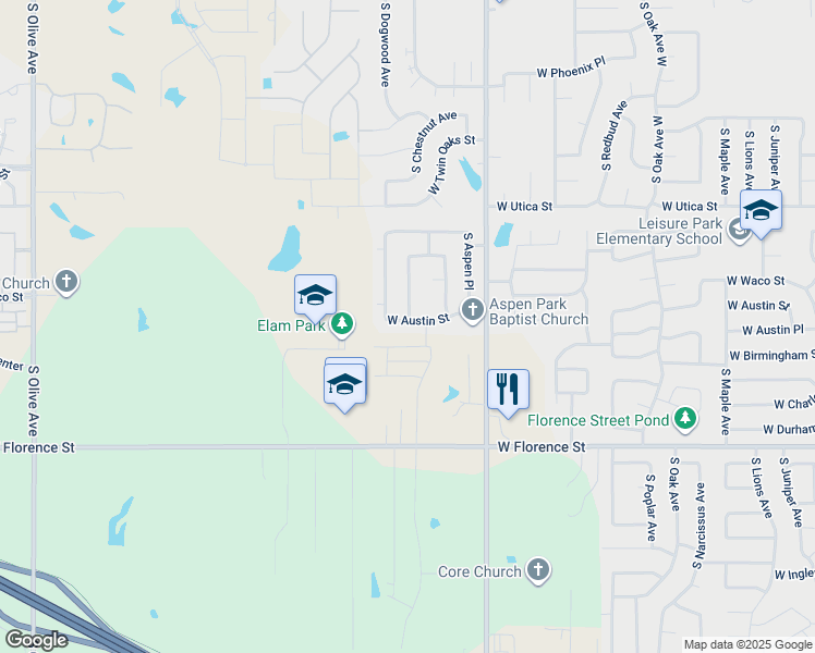 map of restaurants, bars, coffee shops, grocery stores, and more near 2317 West Austin Street in Broken Arrow