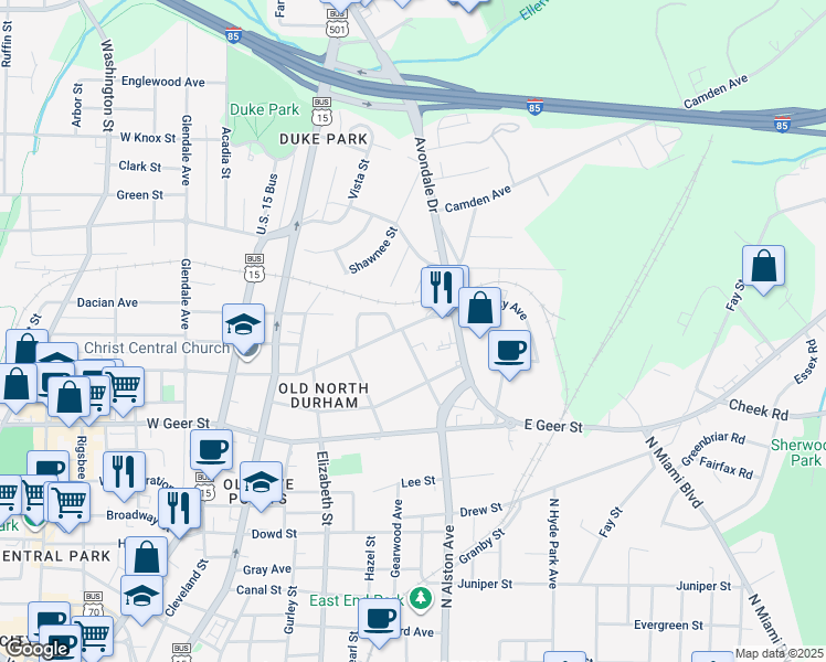 map of restaurants, bars, coffee shops, grocery stores, and more near 506 East Trinity Avenue in Durham