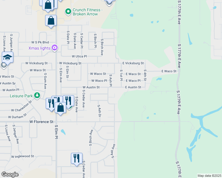 map of restaurants, bars, coffee shops, grocery stores, and more near 213 West Birmingham Street in Broken Arrow