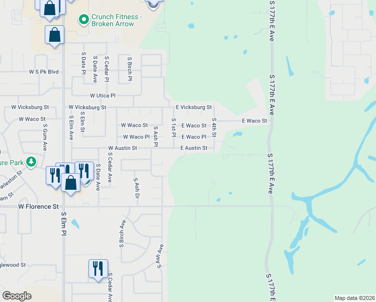 map of restaurants, bars, coffee shops, grocery stores, and more near 4404 South 2nd Street in Broken Arrow