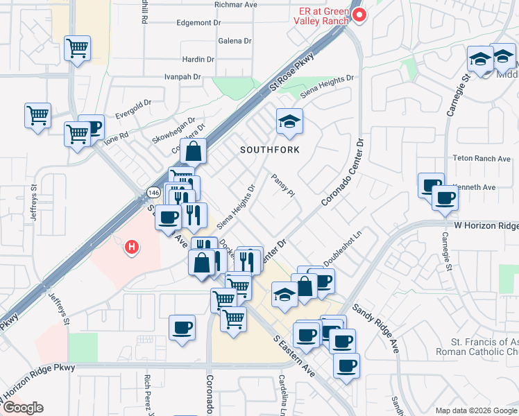 map of restaurants, bars, coffee shops, grocery stores, and more near 679 Great Dane Court in Henderson
