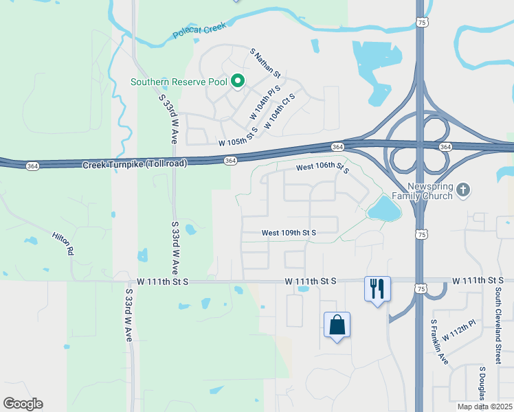 map of restaurants, bars, coffee shops, grocery stores, and more near 3908 West 107th Court South in Jenks