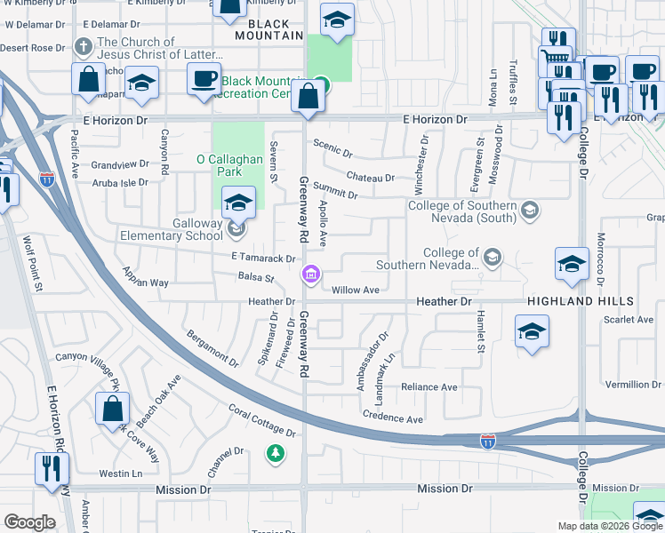 map of restaurants, bars, coffee shops, grocery stores, and more near 411 Sunburst Drive in Henderson