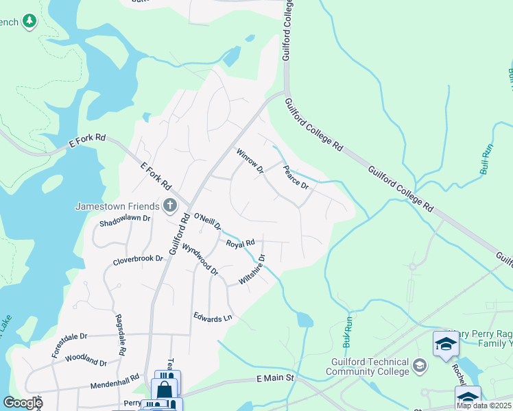 map of restaurants, bars, coffee shops, grocery stores, and more near 104 Southbridge Court in Jamestown