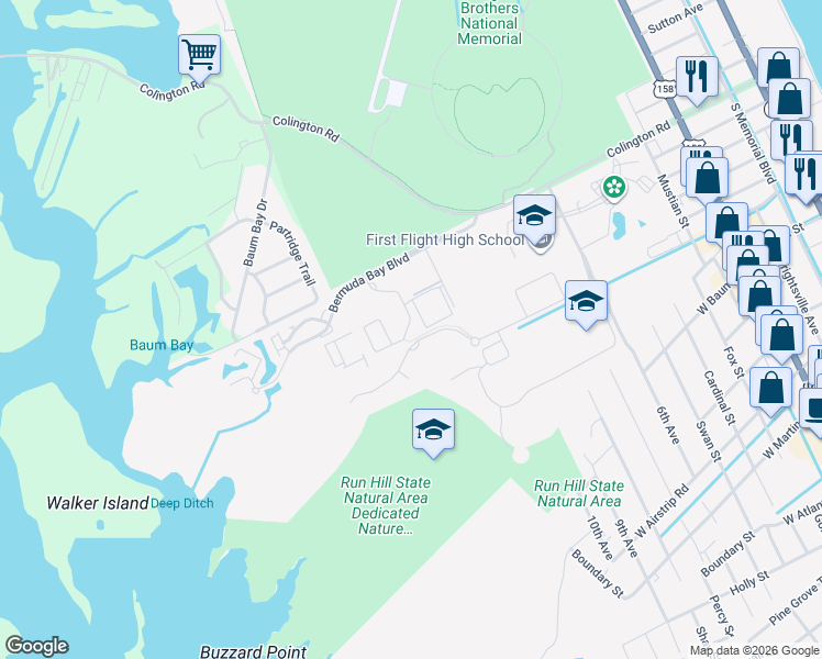 map of restaurants, bars, coffee shops, grocery stores, and more near 1105 Cambridge Road in Kill Devil Hills