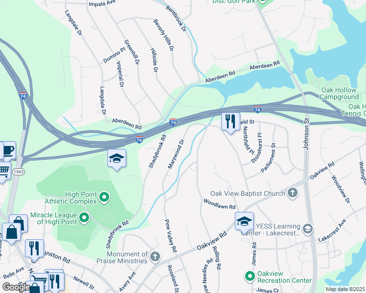 map of restaurants, bars, coffee shops, grocery stores, and more near 120 Marywood Drive in High Point