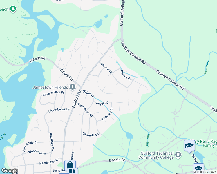 map of restaurants, bars, coffee shops, grocery stores, and more near 104 Southbridge Court in Jamestown
