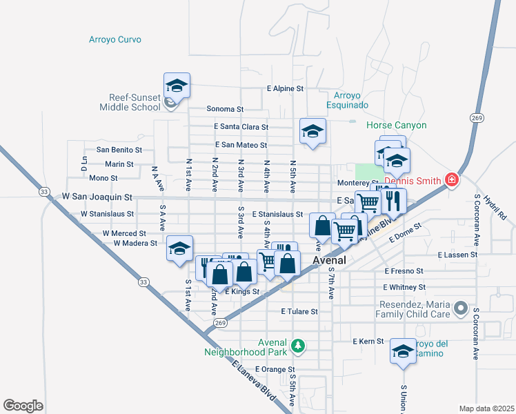 map of restaurants, bars, coffee shops, grocery stores, and more near 321 East San Joaquin Street in Avenal