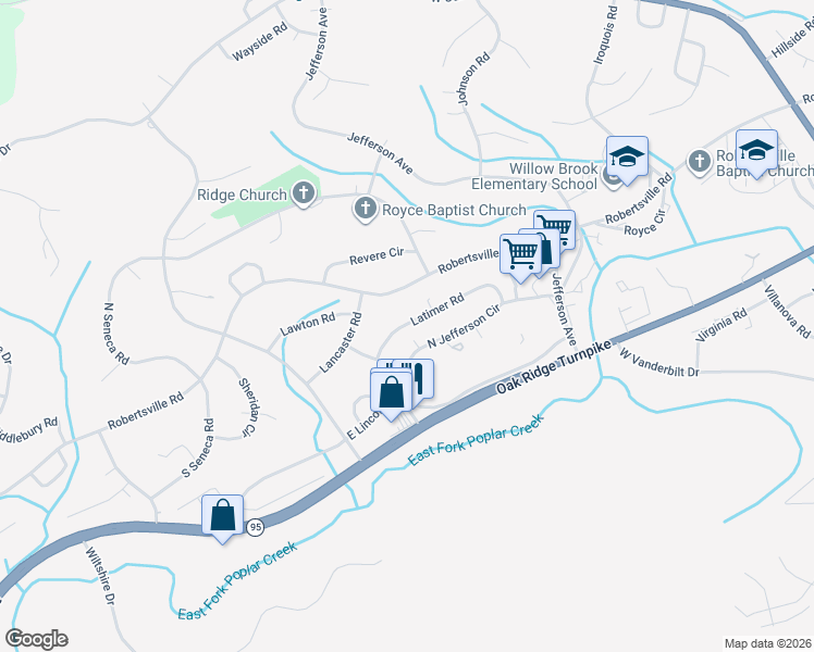 map of restaurants, bars, coffee shops, grocery stores, and more near 166 Latimer Road in Oak Ridge