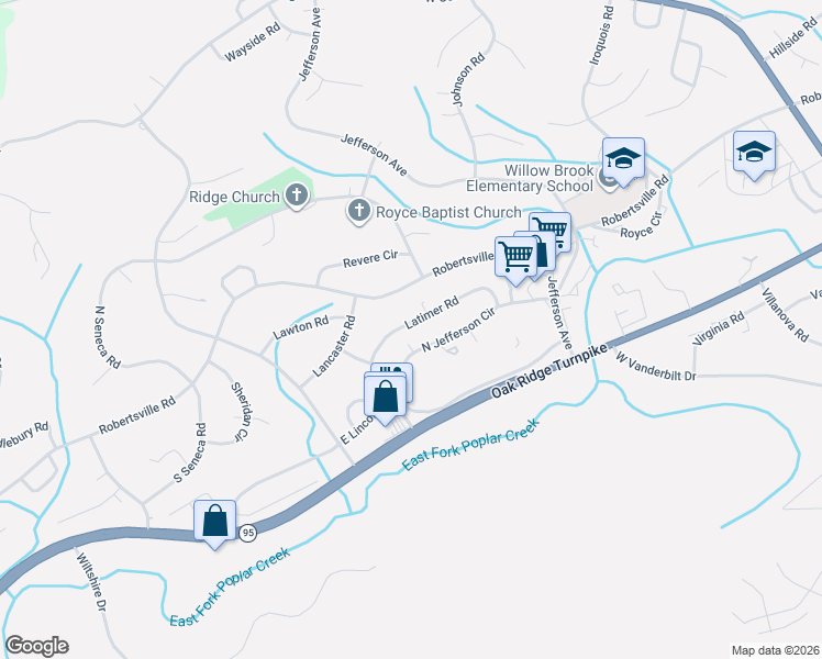 map of restaurants, bars, coffee shops, grocery stores, and more near 165 Latimer Road in Oak Ridge