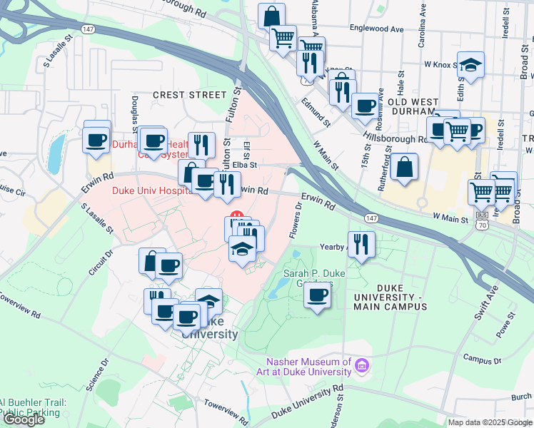 map of restaurants, bars, coffee shops, grocery stores, and more near 311 Trent Drive in Durham