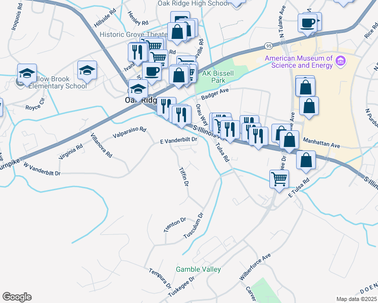map of restaurants, bars, coffee shops, grocery stores, and more near 76 Valley Forge Drive in Oak Ridge