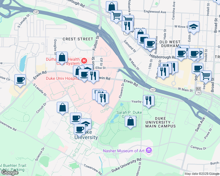 map of restaurants, bars, coffee shops, grocery stores, and more near 311 Trent Drive in Durham