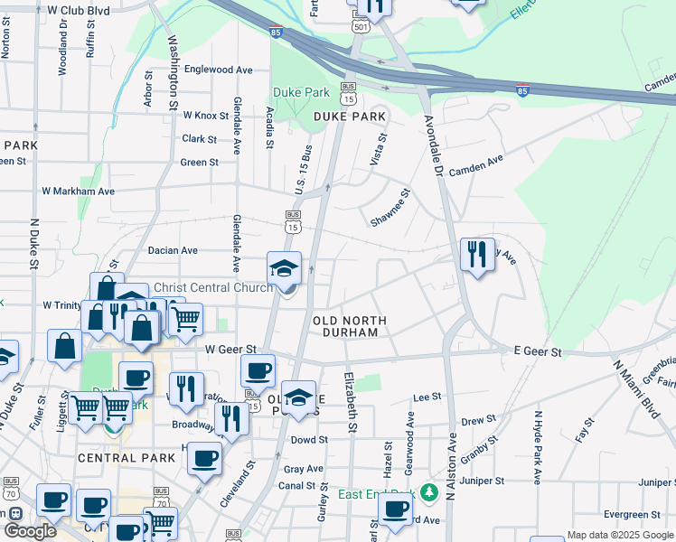 map of restaurants, bars, coffee shops, grocery stores, and more near 1408 Shawnee Street in Durham