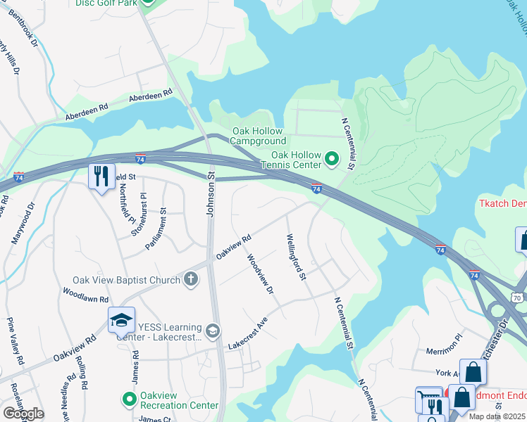 map of restaurants, bars, coffee shops, grocery stores, and more near 1131 Mapleview Court in High Point