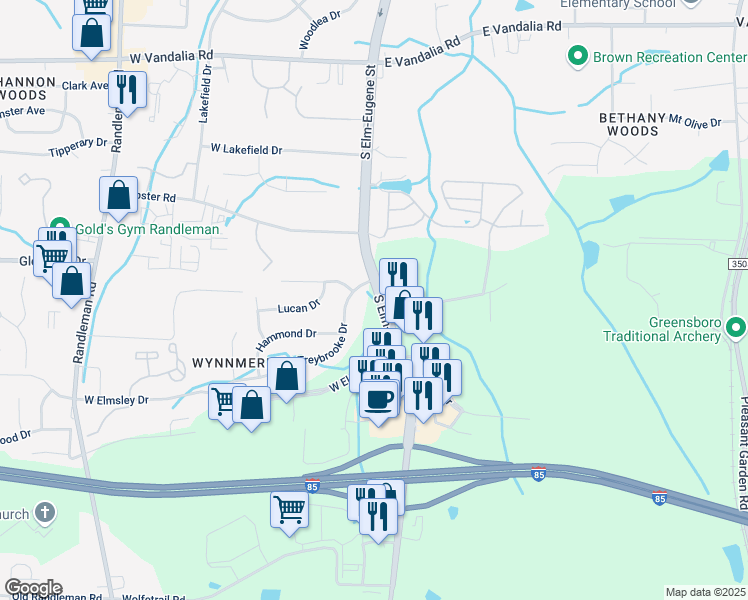 map of restaurants, bars, coffee shops, grocery stores, and more near in Greensboro