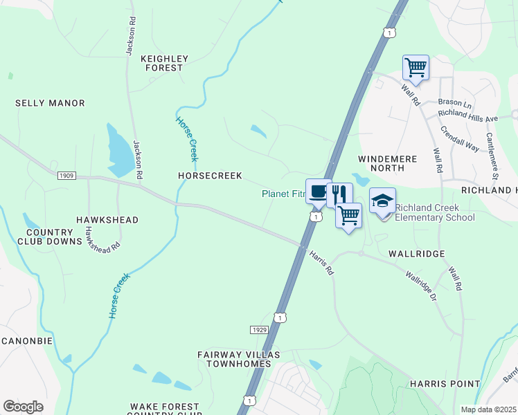 map of restaurants, bars, coffee shops, grocery stores, and more near 8105 Deer Path in Wake Forest
