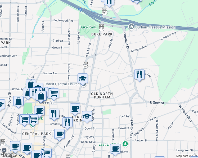 map of restaurants, bars, coffee shops, grocery stores, and more near 1408 Shawnee Street in Durham