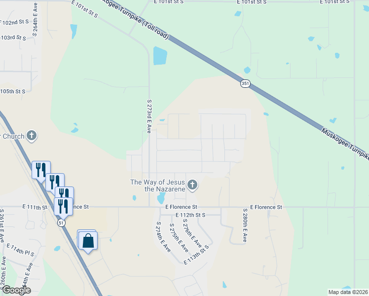 map of restaurants, bars, coffee shops, grocery stores, and more near 10685 South 273rd East Avenue in Coweta