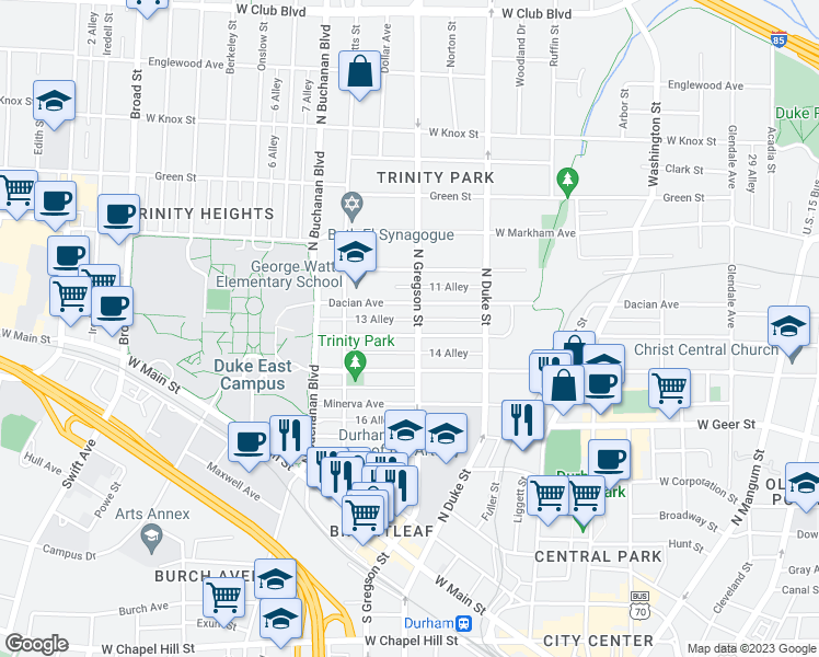 map of restaurants, bars, coffee shops, grocery stores, and more near 1004 Monmouth Avenue in Durham