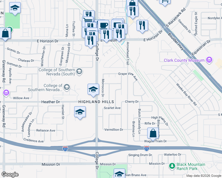map of restaurants, bars, coffee shops, grocery stores, and more near 725 Scottsdale Street in Henderson