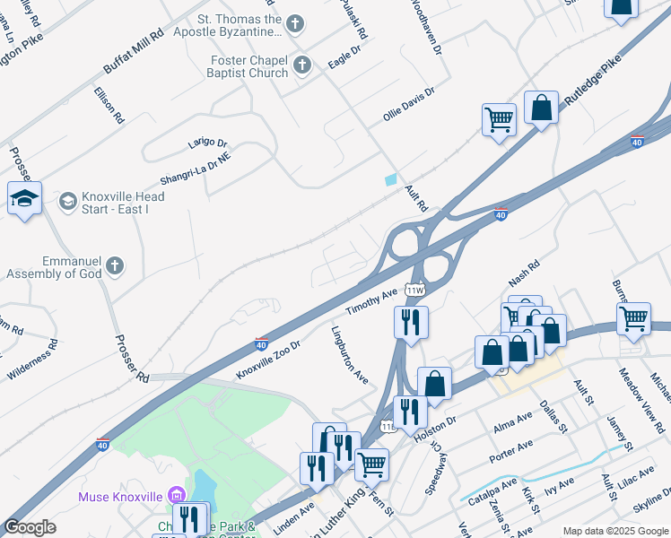 map of restaurants, bars, coffee shops, grocery stores, and more near 3861 Cluster Street in Knoxville