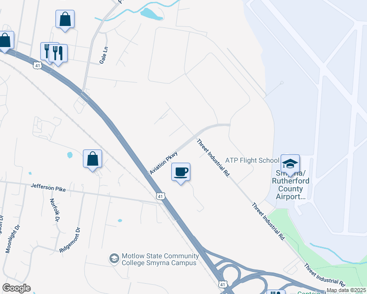 map of restaurants, bars, coffee shops, grocery stores, and more near Aviation Parkway in Smyrna